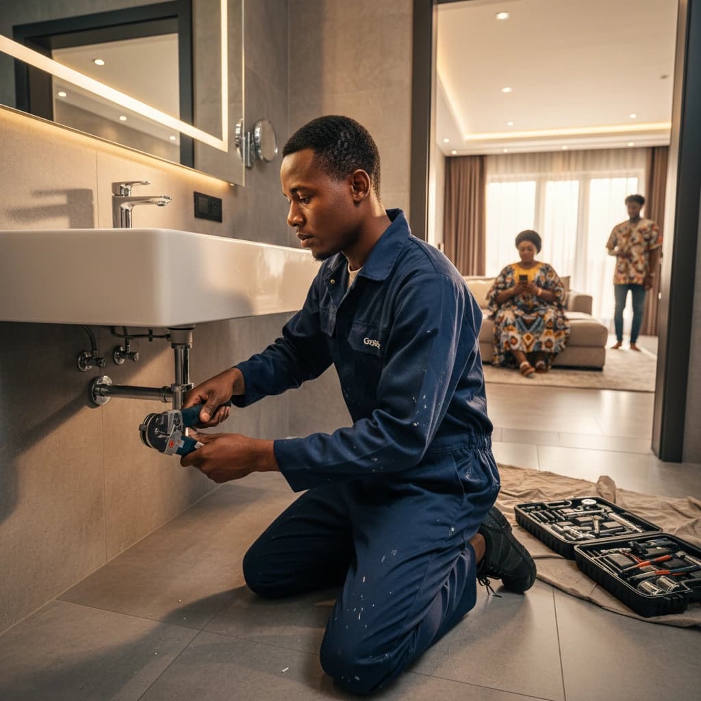 A verified Vendoh plumber fixing a bathroom leak while the family relaxes